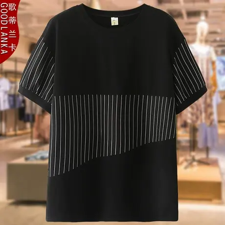 40-50岁中年胖妈妈夏装纯棉t恤大码宽松洋气拼接百搭休闲T恤上衣商品大图