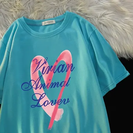 日系爱心短袖t恤女夏宽松韩版ins潮原宿风美式hiphop炸街半袖上衣商品大图