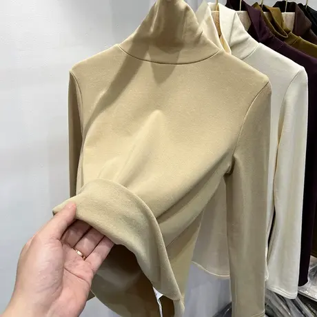 纯色百搭高领加薄绒磨毛长袖T恤女2022秋冬新款内搭打底衫上衣厚商品大图