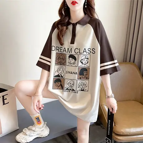 小个子短袖t恤女夏季韩版宽松大码女装中长款撞色翻领polo衫上衣商品大图