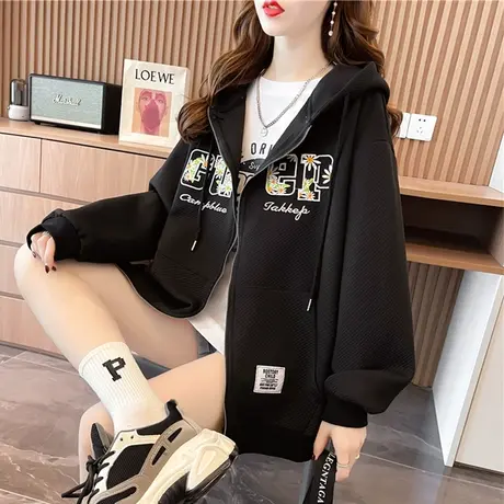 卫衣女春秋韩版宽松薄款设计感小众华夫格ins早秋带帽开衫外套潮商品大图