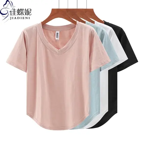 夏季新款韩版V领宽松竹节棉纯色下摆圆弧短袖体恤上衣内搭女打底商品大图