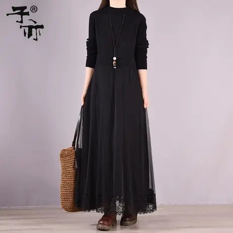 子亦2022秋季新款气质长款钩花镂空蕾丝拼接宽松针织毛衣连衣裙女图片