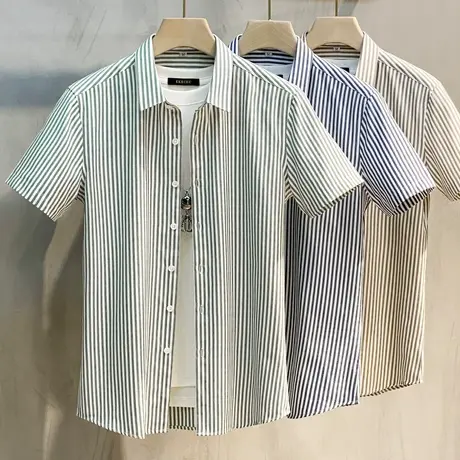 夏季免烫抗皱正装青年上班条纹衬衫男短袖休闲寸衫修身商务衬衣男商品大图