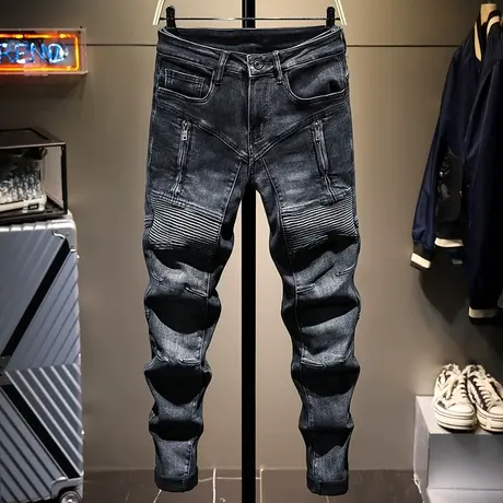 秋冬款潮牌黑色牛仔裤男修身小脚朋克弹力韩版潮流水洗男士长裤子商品大图