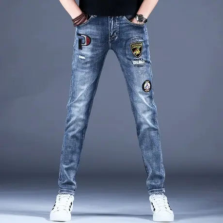 秋款薄男裤刺绣牛仔裤男款修身小脚弹力百搭高档潮牌男士休闲破洞图片