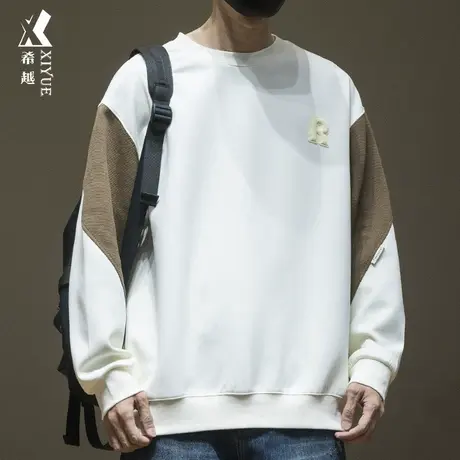 希越华夫格拼接撞色卫衣男秋季400g重磅双面棉宽松大码套头打底衫商品大图