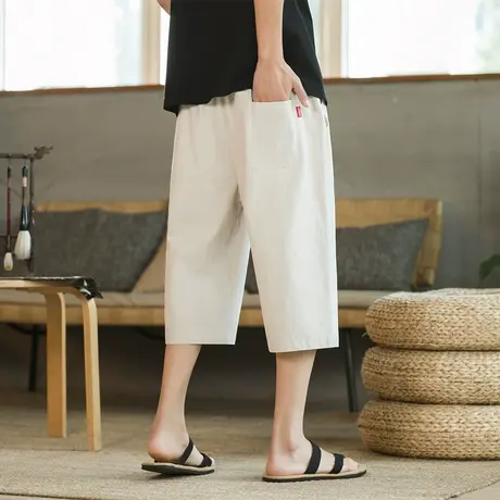 棉麻七分短裤男夏季薄款外穿亚麻冰丝速干阔腿直筒运动休闲中裤子商品大图