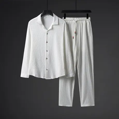 古巴领衬衫男长袖套装发型师潮流男装搭配一套帅气高级感亚麻衬衣商品大图