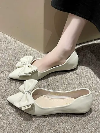 尖头单鞋女2023年秋季新款温柔复古蝴蝶结平底防滑瓢鞋浅口豆豆鞋商品大图