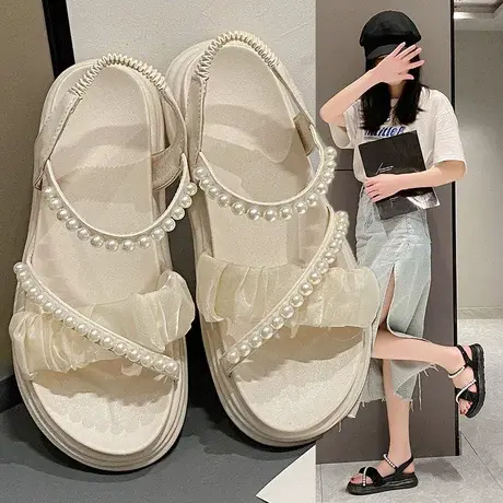 仙女风配裙子厚底珍珠凉鞋女2023夏季新款温柔百搭露趾度假罗马鞋图片