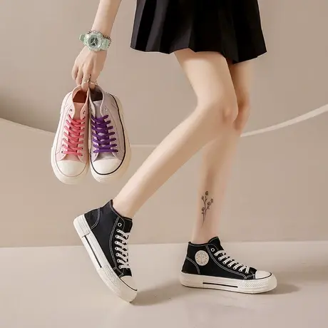 厚底帆布鞋女高帮2023新款夏季老爹休闲运动平底配裙子小白鞋板鞋商品大图