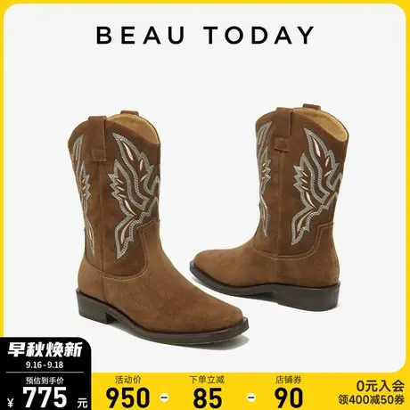 BeauToday西部牛仔靴子女2023新款复古长靴中筒靴棕色靴子西部靴商品大图
