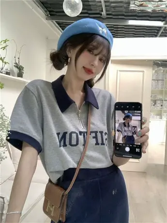 大码胖mm夏装宽松T恤女印花字母Polo领短袖遮肚子体恤上衣服200斤商品大图