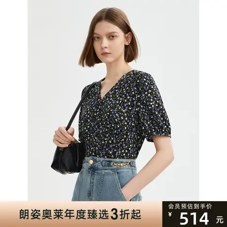 朗姿法式复古碎花v领泡泡袖设计感上衣衬衣女2023年夏季新款衬衫图片
