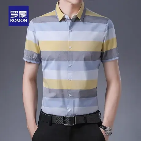 罗蒙夏季青年纯棉条纹显瘦款式半袖上衣商务休闲款式帅气潮牌百搭商品大图