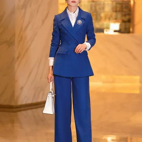 宝蓝色毛呢职业套装女秋冬2023新款气质端庄长袖西装阔腿裤两件套图片