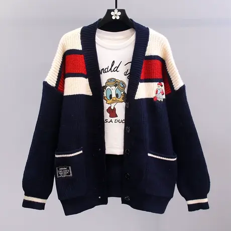 日系卡通毛衣外套女秋冬2023新款宽松学院风中长款拼色针织开衫商品大图