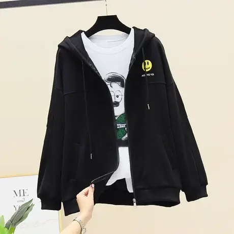 2023春季新款宽松百搭笑脸印花外套女减龄青春休闲连帽开衫卫衣潮图片
