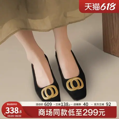 星期六时尚浅口单鞋女春季新款粗跟方头通勤鞋金属饰扣小皮鞋图片