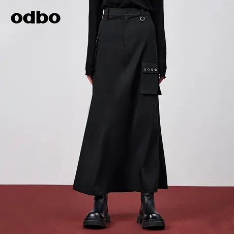 odbo/欧迪比欧时尚气质工装风黑色半身裙女春季新款包臀显瘦A字裙图片