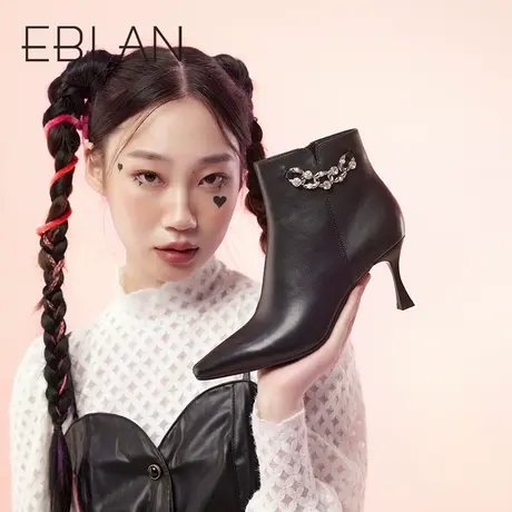 伊伴2022秋冬女鞋法式尖头小踝靴时装靴小香风短靴瘦瘦靴皮靴女商品大图