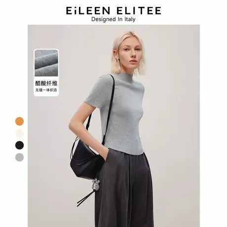 朗姿欧洲EiLEEN ELITEE气质半高领法式短袖毛针织衫2024夏季新款图片