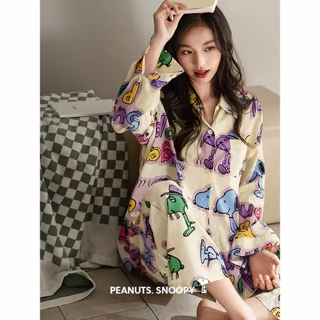 贝妍史努比睡衣女春秋新款柔软棉长袖长裤套装可爱卡通开衫家居服商品大图