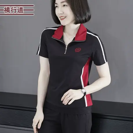 2023夏季新款韩版休闲翻领半拉链绣花撞色短袖T恤女外穿上衣大码商品大图