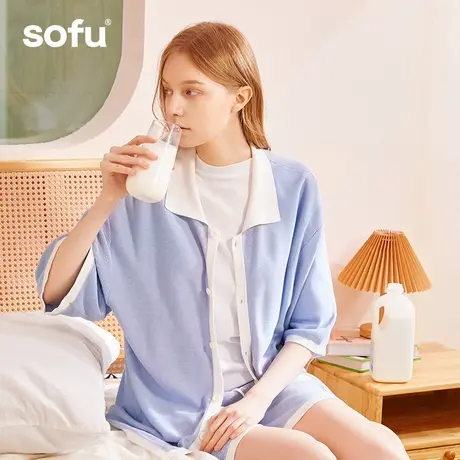 sofu双色肌理家居服套装可外穿宽松显瘦睡衣短袖短裤开衫针织套商品大图