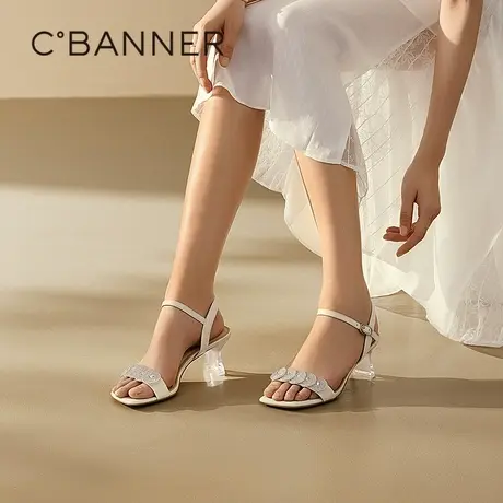 千百度粗高跟一字带时装凉鞋女款夏季新款配裙子露趾绝美凉鞋图片