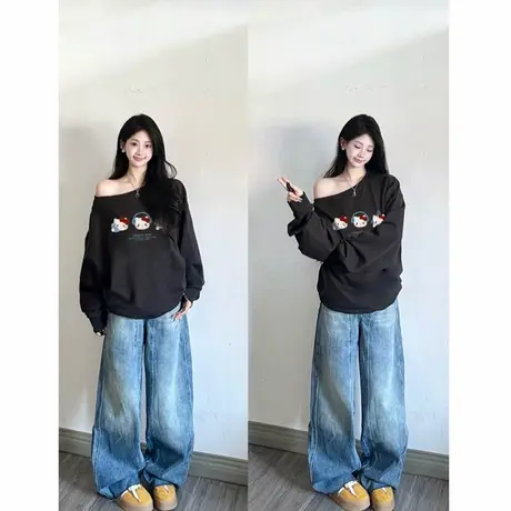 韩系甜酷风斜领露肩宽松卫衣女秋季新款kt猫印花黑色复古慵懒上衣商品大图