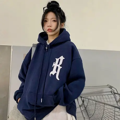 ins高街潮牌连帽卫衣女秋季宽松韩版百搭高级感薄款学生上衣外套商品大图