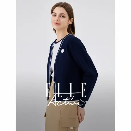 【团】ELLE Active拼色V领毛针织开衫上衣外套显瘦商品大图