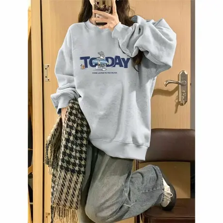 NOW真维斯灰色圆领卫衣女2025新款秋季小个子宽松大码长袖上衣女商品大图
