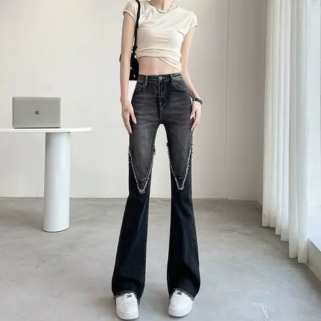 黑色微喇牛仔裤女春秋新款高腰修身复古显瘦撞色拼接毛边喇叭裤潮图片