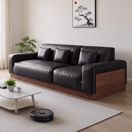 顾家家居白蜡木实木2025新款美式家用客厅奢华真皮直排小户型沙发图片