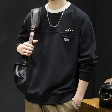 潮牌卫衣男秋冬款圆领男款重磅衣服秋季2023新款长袖大码撞色口袋商品大图