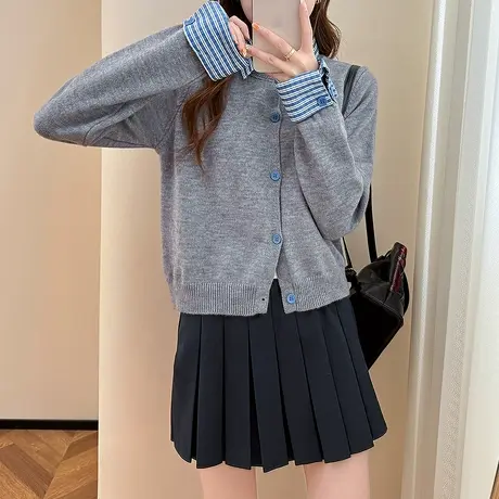 唐狮秋冬格纹拼接翻领显瘦短款针织开衫女春秋外套高级感毛衣tu图片