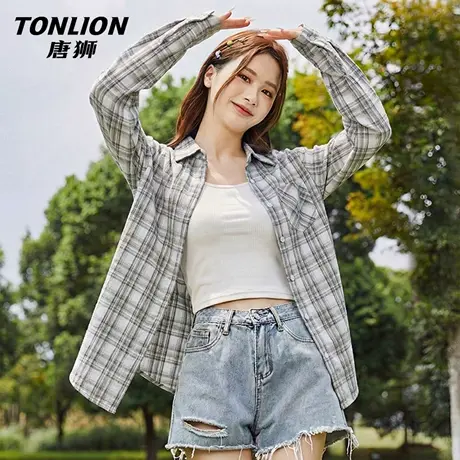 唐狮官方宽松慵懒衬衫外套女2026新款春季格子衬衣叠穿内搭上衣VC商品大图
