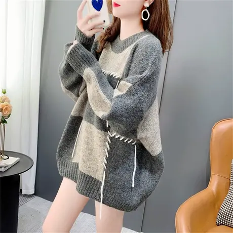 设计感系带圆领毛衣女套头秋冬2022年新款宽松加厚撞色针织衫上衣商品大图