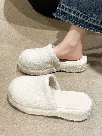 棉拖鞋女士2023新款冬季室内家居一脚蹬加绒加厚底防滑保暖毛毛鞋商品大图