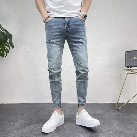 裤子男款春秋季潮流泼墨油漆点做旧猫须潮牌修身小脚蓝色牛仔裤男商品大图