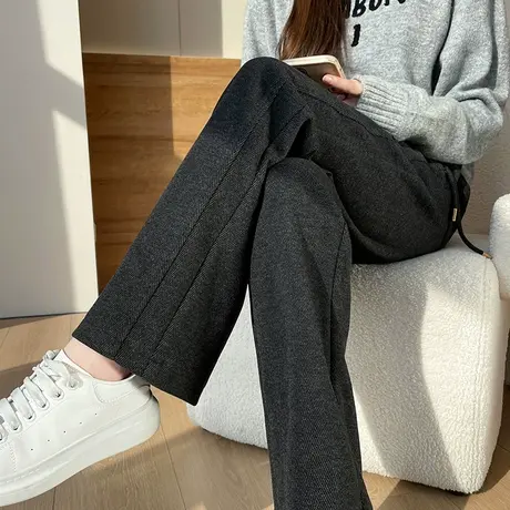 羊绒毛呢阔腿裤女秋冬新款高腰垂感小个子糯米裤窄版直筒休闲裤子图片