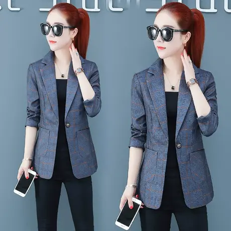 长袖小西装女外套2023秋装新款格子小个子西服韩版修身上衣英伦风图片