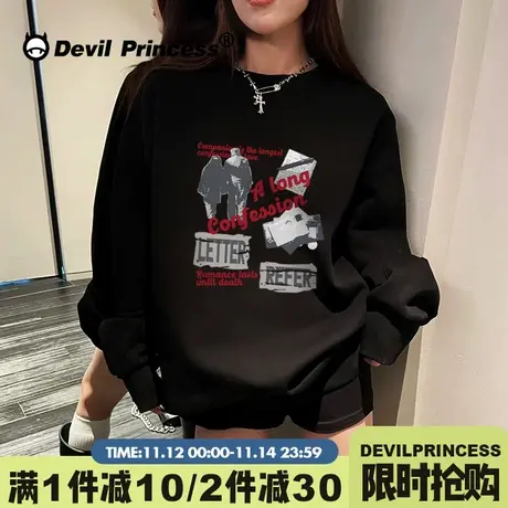 美式复古风街头潮牌黑色无帽卫衣女大版宽松2023新款加绒套头上衣图片