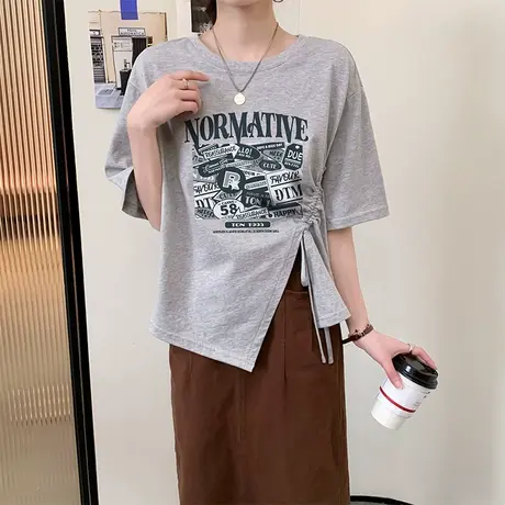 唐狮下摆抽皱设计感抽绳短袖T恤春夏女圆领百搭港味chic上衣潮图片