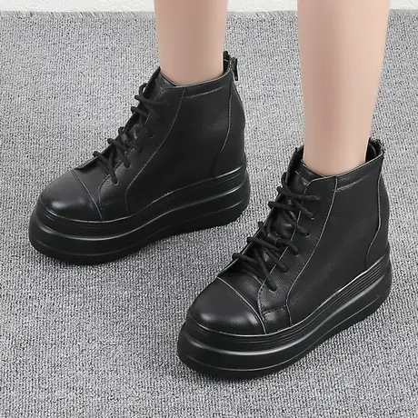 2023秋季内增高女鞋10cm真皮运动高帮短靴拉链休闲坡跟松糕厚底鞋商品大图
