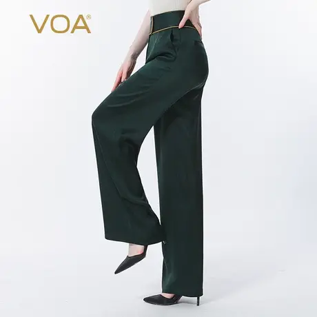 VOA真丝40姆米重磅绿双面缎不对称纽扣撞色镶边宽松桑蚕丝阔腿裤图片