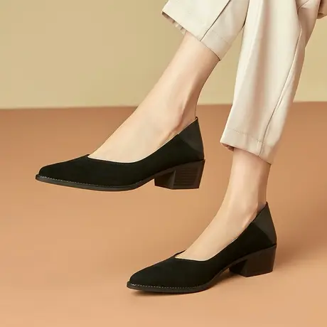 复古气质浅口单鞋羊翻皮尖头真皮拼接粗跟小皮鞋新款百搭职业女鞋图片